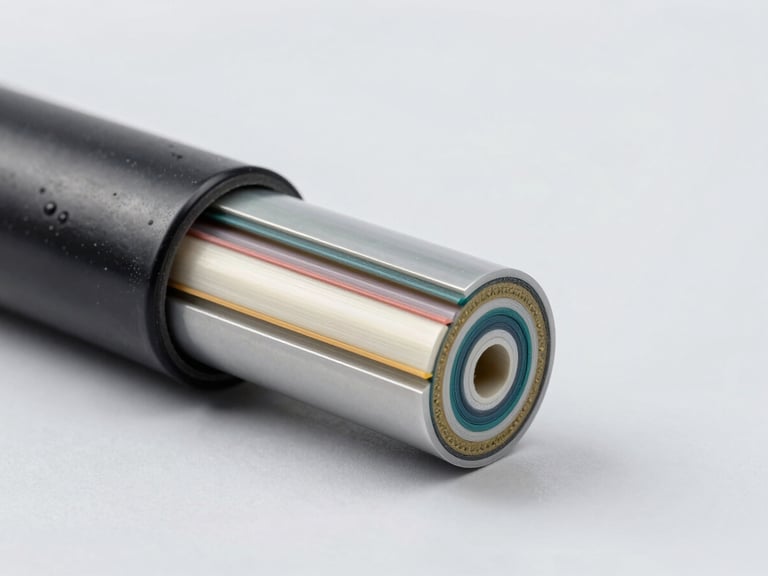 Cross-section of a high-specification 33kV XLPE insulated power cable, showing detailed internal layers, armor, and outer jacket, clean studio lighting on a light gray background.