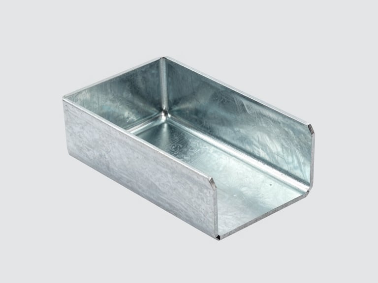 Industrial solar mounting bracket made of hot-dip galvanized steel, shown with clean metallic finish, isolated on a light gray background, technical catalog style.