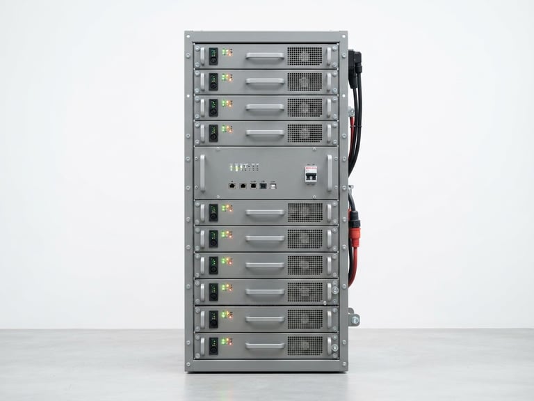 Crisp industrial product photography, bright even studio light, clean white background, de-branded modular energy storage system rack with clear technical indicators, 50mm lens