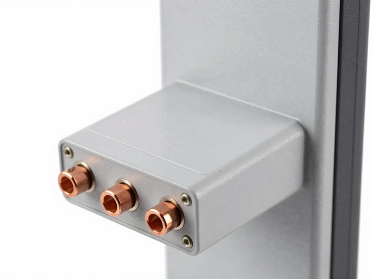 Close-up of a de-branded DC fast charger power module, bright studio lighting, clean gray background, sharp copper terminals