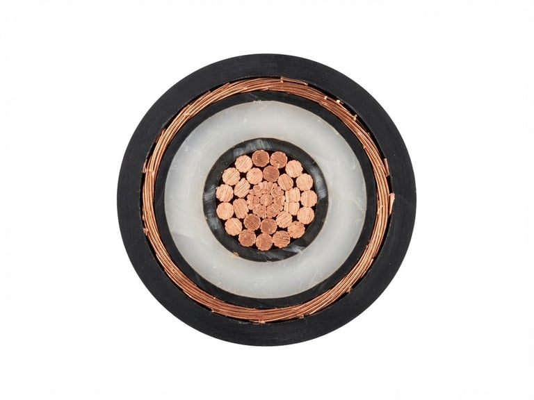 Technical studio shot of a medium-voltage XLPE power cable cross-section showing copper core, insulation layers, and outer sheath, isolated on a clean white background, bright even lighting.