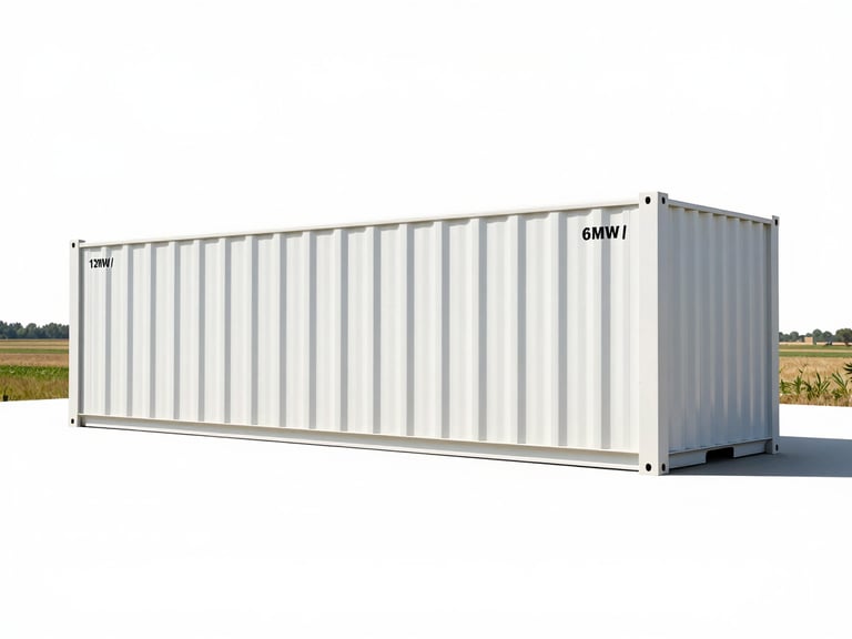 A clean, wide-angle shot of a 6MW/12MWh containerized energy storage system in a flat Hungarian landscape, bright daylight, de-branded containers