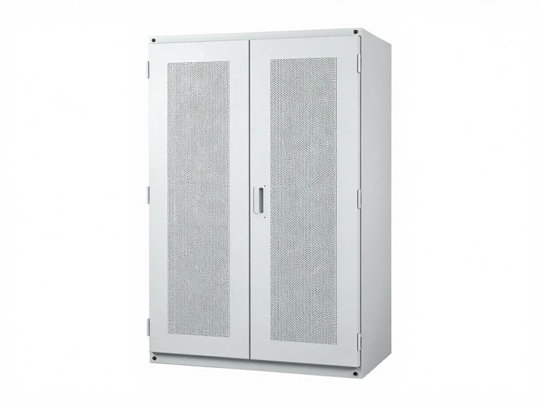 Crisp industrial product photography of a 418kWh modular energy storage cabinet, bright even studio light, clean white background, sharp technical details, 50mm lens