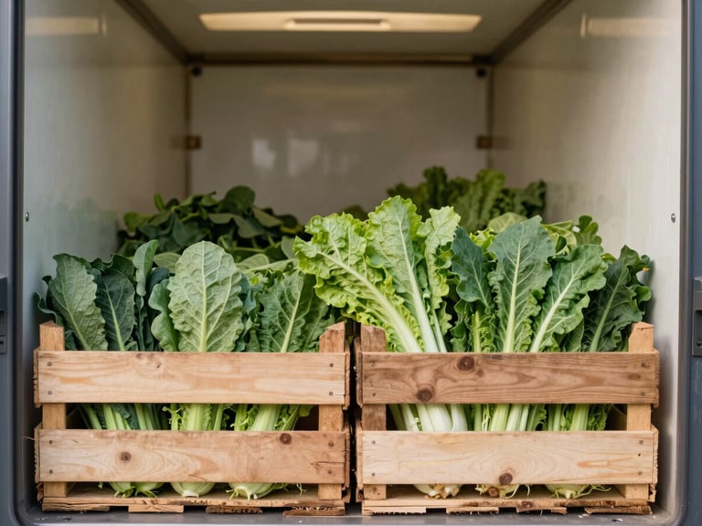 Close-up of wooden crates packed with fresh, crisp green vegetables inside a clean refrigerated transport truck, soft morning light, 35mm lens.