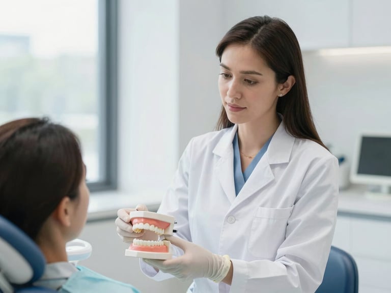 Portrait of a female dentist, Dr. Laura Soto, interacting with a patient (patient's back to camera) in a modern dental office, demonstrating a dental model. Soft natural window light, clean blue and white tones, shallow depth of field.