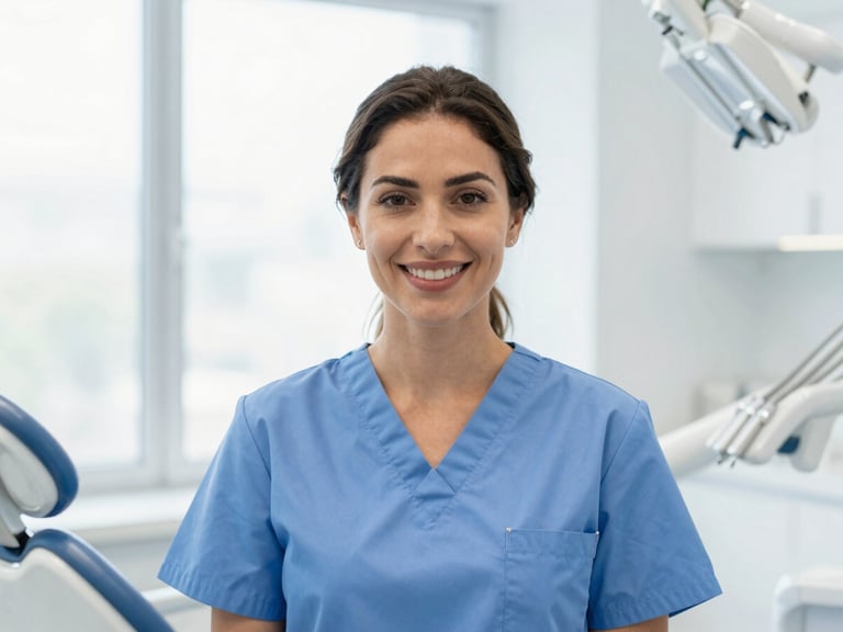 Portrait of a female dentist, Dr. Ana García, smiling gently and professionally, wearing blue scrubs, in a bright, clean dental office. Soft natural window light, clean blue and white tones, shallow depth of field.