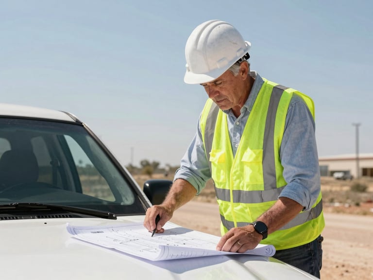 A medium shot of a senior project manager in a hardhat and high-visibility vest, reviewing blueprints spread over a truck hood, bright Texas daylight, realistic grit.
