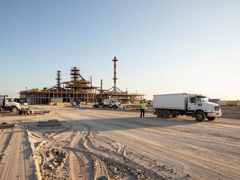 A wide environmental shot of an active industrial construction site along the Texas coast, with a project manager directing a delivery truck, early morning golden hour.