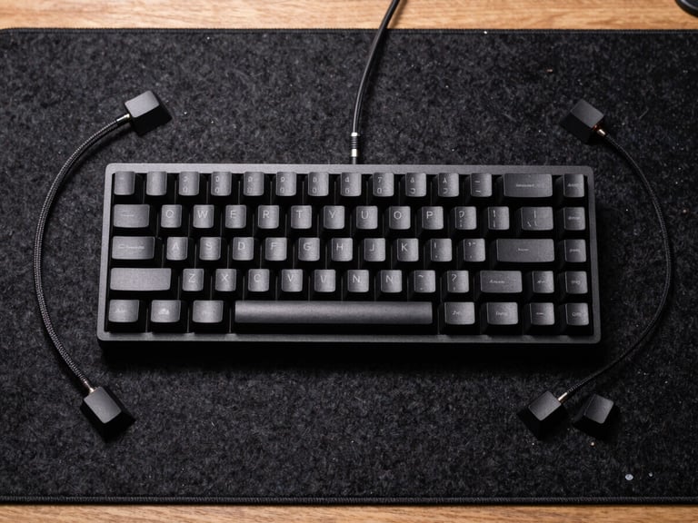 Top-down flat lay of high-end mechanical keyboard parts, matte black keycaps, and braided cables on a dark felt desk mat, moody side lighting, 50mm focus