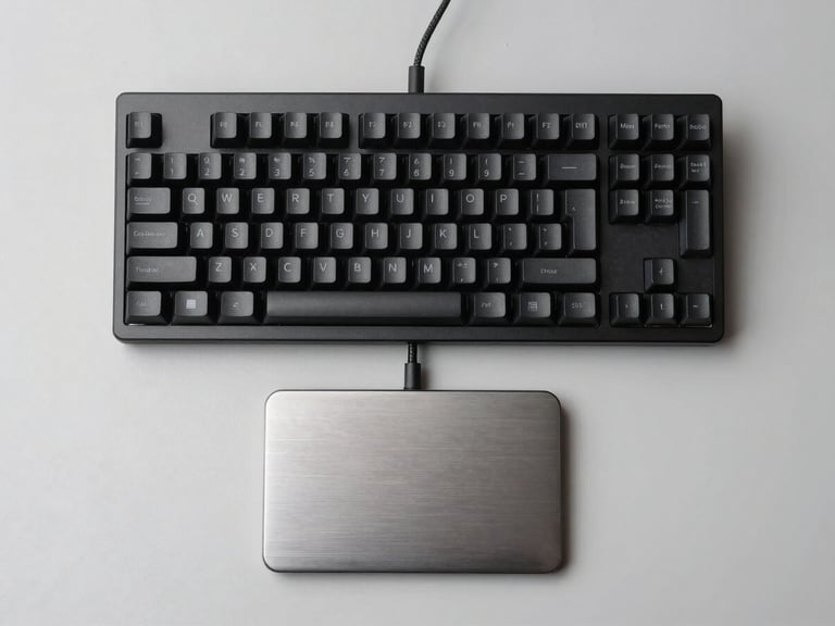 Top-down flat lay of a minimalist desk setup, matte black mechanical keyboard, braided cables, brushed aluminum trackpad, soft side studio lighting, sharp focus.