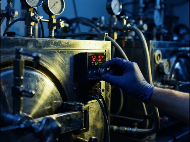 Dynamic close-up of a technician's hand adjusting a digital temperature controller on a stainless steel autoclave, sharp metallic reflections, high-contrast blue and yellow technical lighting, 35mm