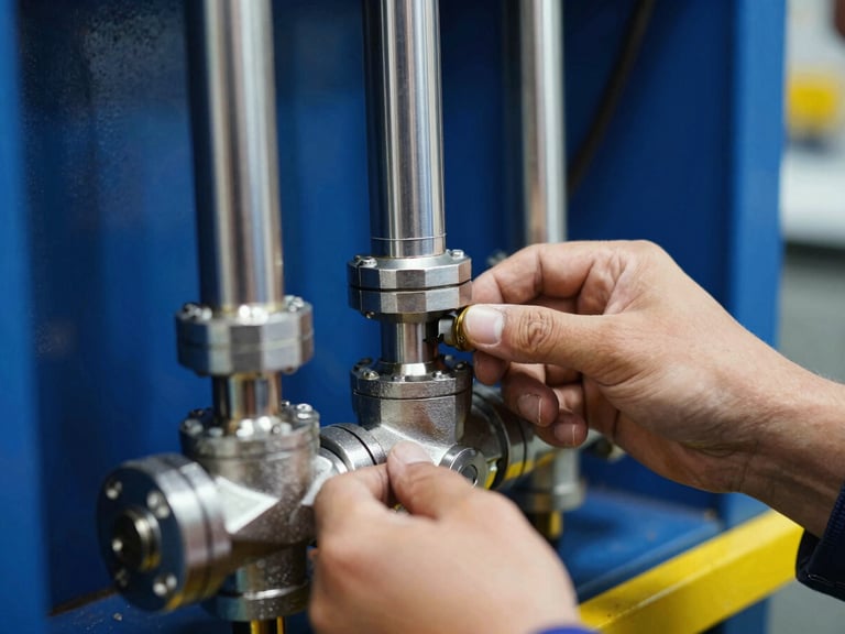 Close-up of a technician's hands adjusting a high-pressure hydraulic valve, metallic reflections, sharp focus, technical blue and safety yellow lighting, 35mm