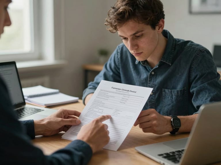 Medium shot of a young man at a desk reviewing a printed salary comparison document, mentor's hands visible across the table pointing to a figure, overhead office lighting, natural light from a side window, notebooks and a laptop in background, unposed and candid