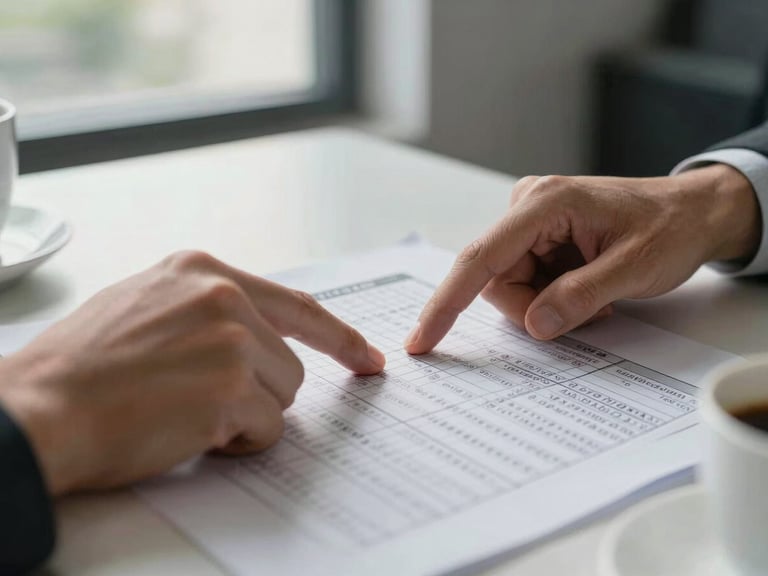 Close-up medium shot of two hands on a desk, one pointing at a printed salary comparison spreadsheet under natural daylight from a nearby window, a coffee cup partially visible at the edge, office environment background softly out of focus
