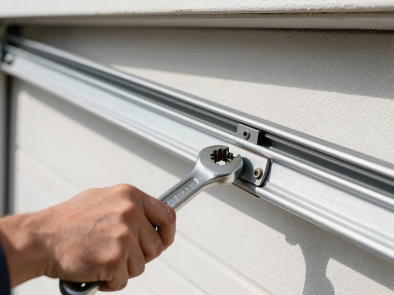 Close-up of a technician adjusting a garage door track with a wrench, focused on the precision alignment, natural daylight.