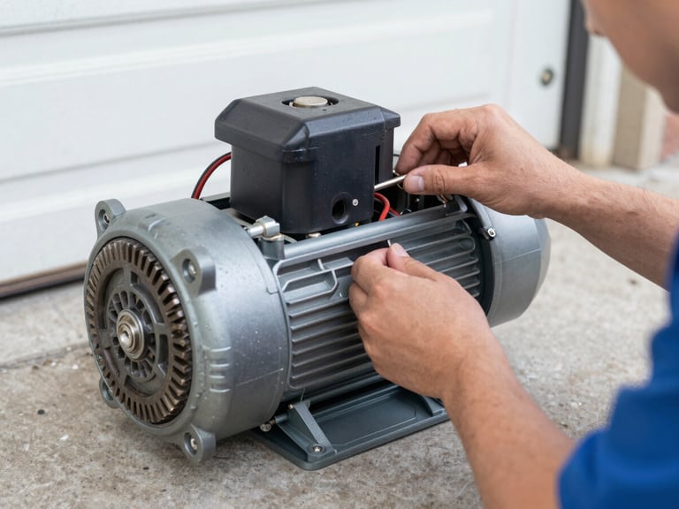 Medium shot of a technician inspecting a garage door opener motor, focused on the internal gears and wiring, clear garage lighting.