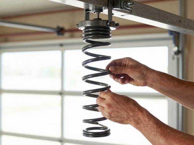 Close-up of a technician's hands carefully replacing a heavy-duty garage door torsion spring, bright workshop lighting, sharp focus on the spring mechanism.