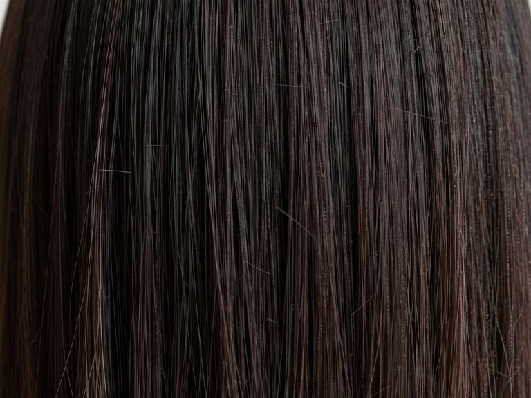 Macro shot of healthy, glossy dark hair strands under soft side daylight, emphasizing immaculate texture and structural integrity