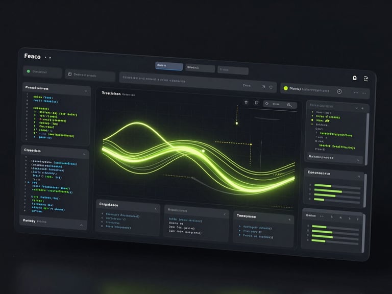 Sleek dark-mode 3D render of high-fidelity UI wireframes showing predictive dashboards, glowing cyber-lime data streams, technical code snippets, octane render.