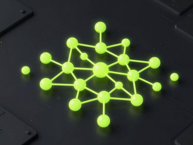Isometric 3D render of abstract data nodes and glowing neon-lime connections on a dark technical background, sharp focus