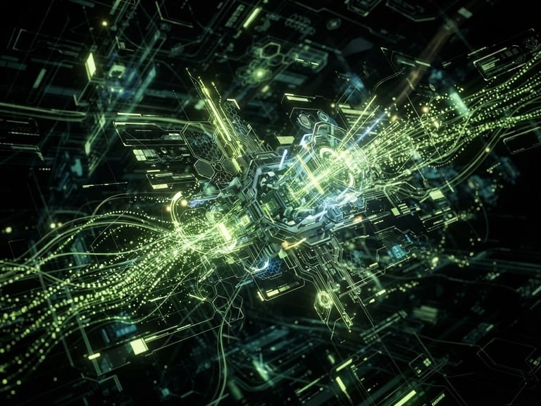 sleek dark-mode 3d render, glowing cyber-lime data streams, high-contrast technical UI, sharp focus, octane render