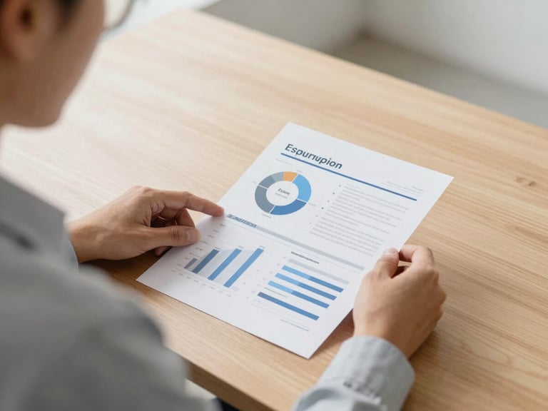 Over-the-shoulder shot of a business operator analyzing a printed custom research report on a minimalist oak desk, bright natural daylight, 35mm