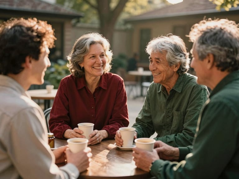 Smiling intergenerational church members talking over coffee in a warm courtyard, soft golden hour light, natural candid expressions