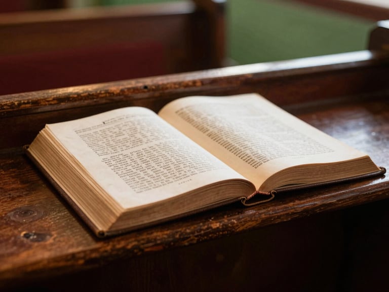 Close-up of an open historical Methodist hymnal on a dark wooden pew, soft warm ambient light, shallow depth of field, rich forest green accents