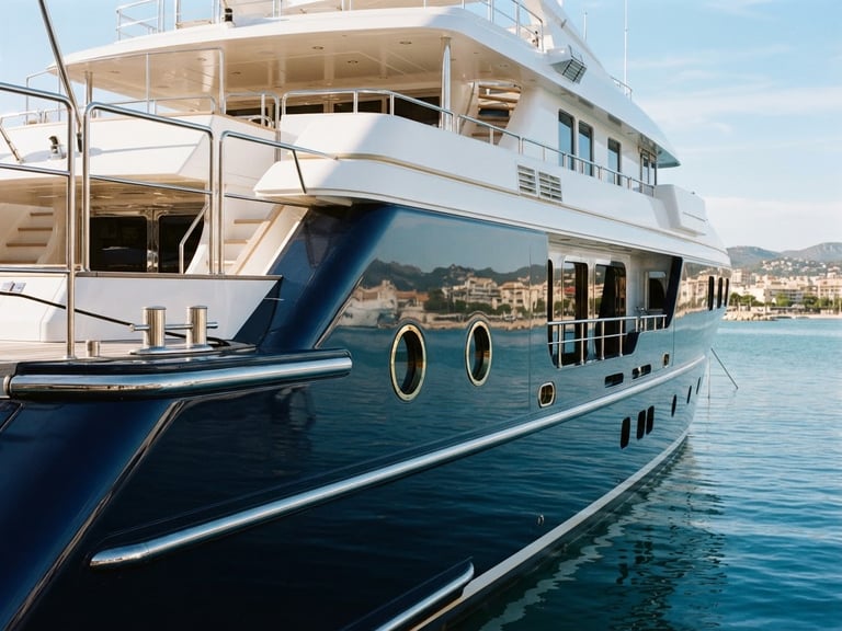 Architectural crop of a luxury yacht hull in bright coastal daylight, crisp morning sun, sharp focus