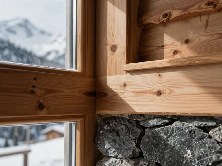 Close-up macro shot of a perfect wood-to-stone joint in a contemporary chalet, natural alpine daylight filtering through a window, highlighting the texture of raw larch wood and dark slate, architectural execution.