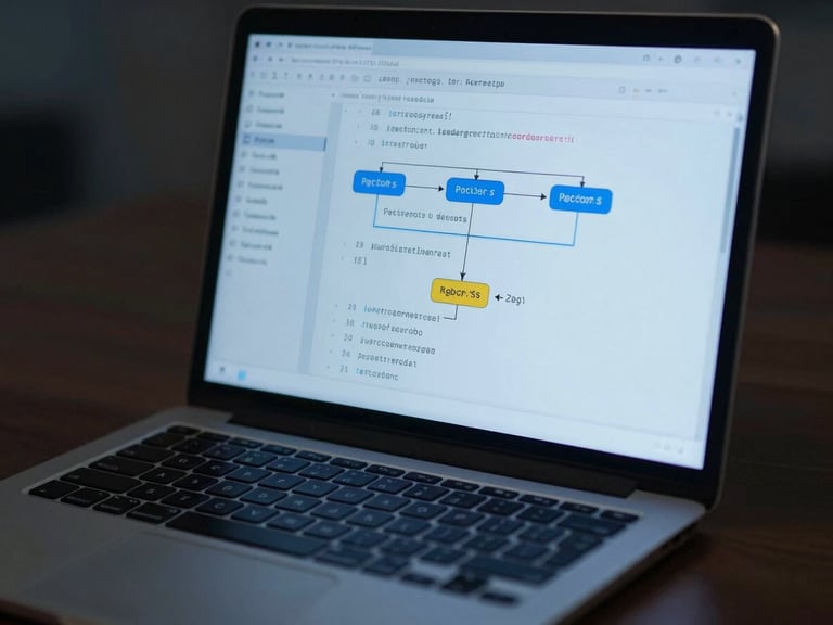 Close-up of a laptop screen showing a PostgreSQL schema diagram with table relationships, cool blue ambient light, dark desk surface, no person visible