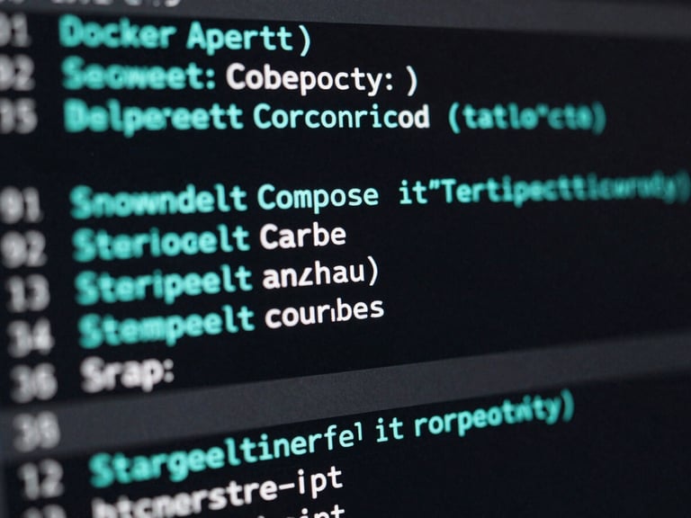 Close-up of a Docker Compose terminal output showing service startup logs in monospace, cyan and white text on near-black background, cool screen glow, no person visible