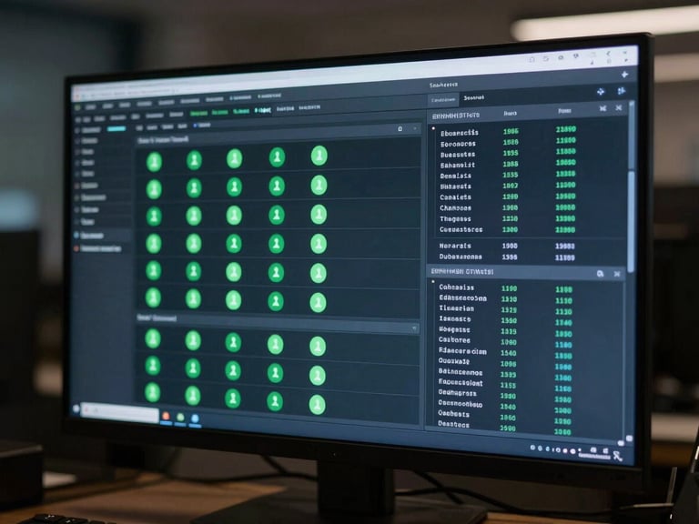 Wide shot of a deployment dashboard on screen showing green build status indicators and environment variable config panel, cool screen glow, dark ambient, no person