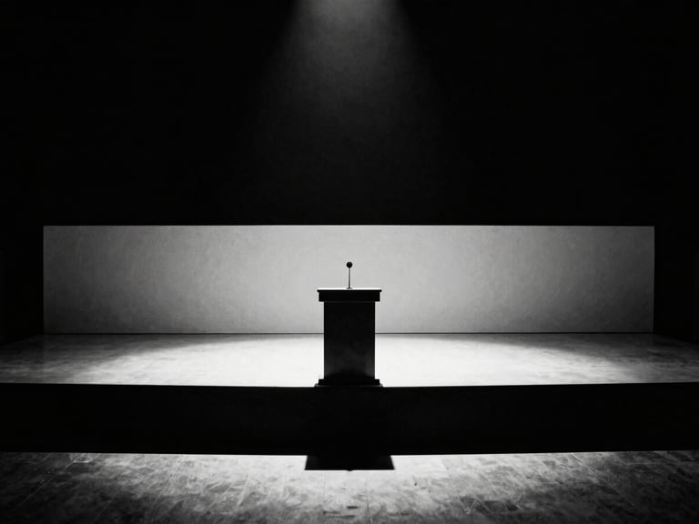 Cinematic wide shot of a political rally stage, empty just before an event, with dramatic lighting, deep shadows, a microphone at the podium, high-contrast, 35mm film look