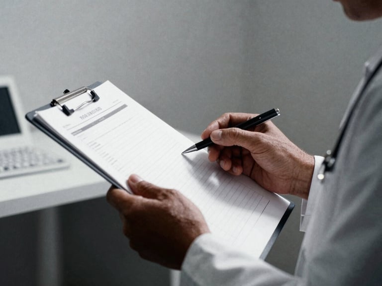 Tight shot of a doctor's hands reviewing a medical chart in a well-lit, minimalist clinic, sharp focus, deep shadows, high-contrast, 35mm film look