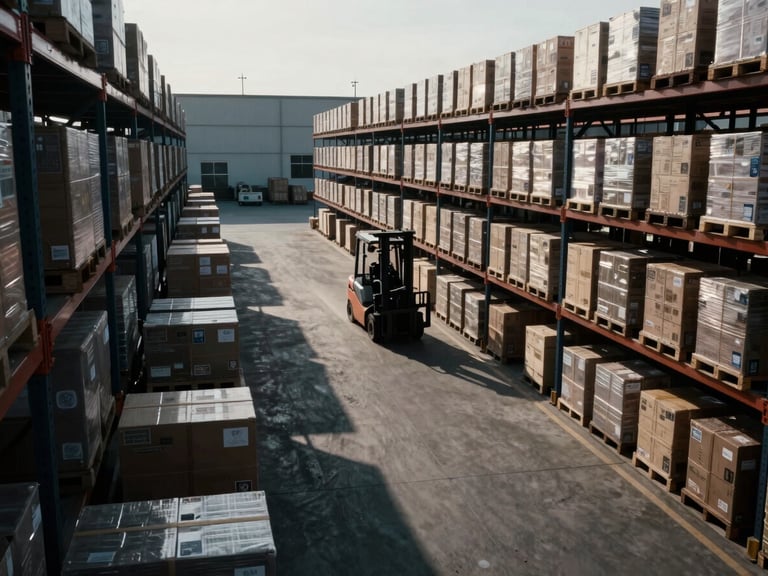 Wide shot of a modern, organized logistics warehouse at dawn, high-contrast, deep shadows, a forklift moving crates in the background, cinematic, 35mm film look