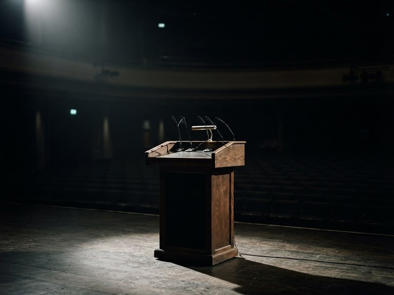 Wide shot of an empty political podium under dramatic, sharp directional key lights, deep shadows, high contrast cinematic photography, 35mm film look.