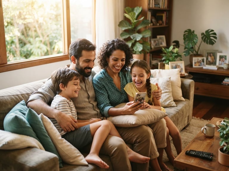 A warm lifestyle photograph of a Brazilian family sitting on a couch in a sunlit living room, smiling while looking at a smartphone screen, showcasing relief and comfort. Soft teal accents, shallow depth of field, 35mm.