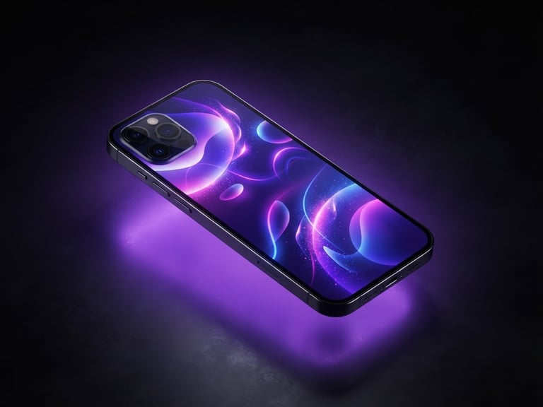 Sleek 3d render of a smartphone mockup showcasing a fluid mobile interface, electric violet neon backlighting, dark studio setting, isometric angle, octane render