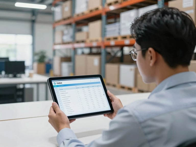 Over-the-shoulder shot of an operations manager in a Makassar warehouse reviewing Odoo inventory dashboard on a tablet, bright natural warehouse office lighting, professional cool tones, 35mm lens