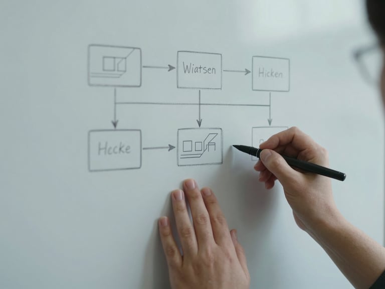 Close-up of hands sketching a workflow diagram on a clean white whiteboard, cool natural side-lighting, desaturated slate tones