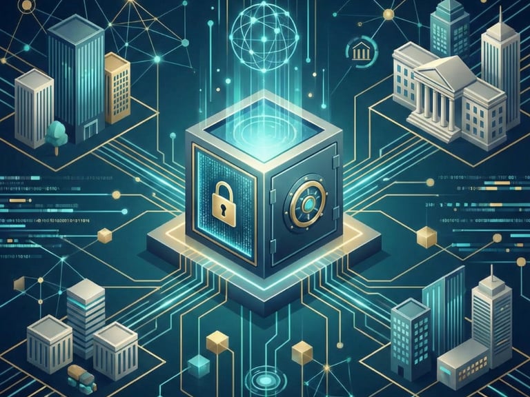 Digital data vault protecting a smart city network with cybersecurity encryption and secure cloud infrastructure.