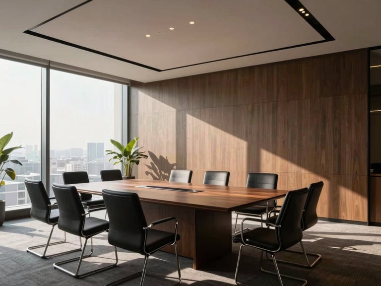 Wide architectural environmental shot of a modern corporate boardroom in New Delhi, sharp geometric shadows, minimalist aesthetic, high-contrast natural light.