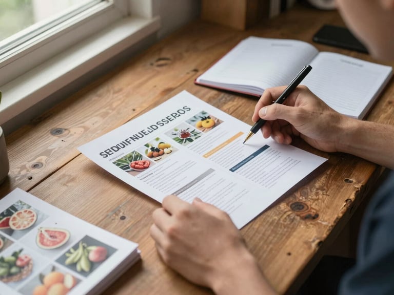 Agency team member at a rustic wooden desk reviewing printed seasonal content plan, hands on paper, natural window light from the left, notebooks and produce reference photos visible, candid working posture