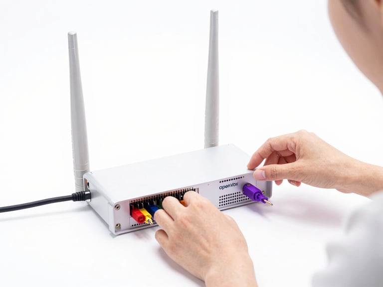 Hands of a female engineer adjusting cables on an OpenVox wireless gateway, bright high-key studio lighting, clean white backdrop