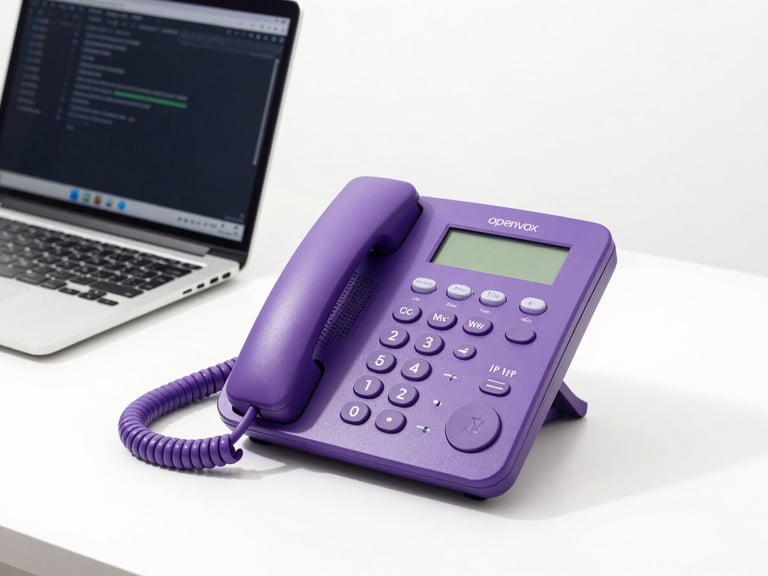 OpenVox IP Phone on a modern office desk with a laptop screen showing configuration code in the background, bright crisp lighting