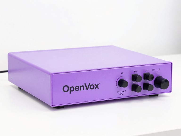 Close-up of OpenVox IP PBX equipment on a clean white desk, bright high-key studio lighting, vibrant light purple accents, 50mm