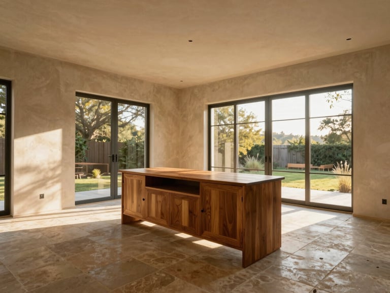 Panoramic view of a completed luxury bungalow dining room, custom teak joinery sideboard against a textured plaster wall, wide environmental shot showing ceiling height and floor-to-ceiling window, golden-hour light pooling on the stone floor, no people
