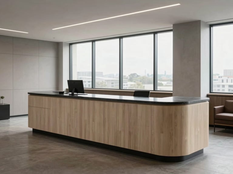 Wide interior of a commercial office reception and lounge fit-out, bespoke curved joinery reception desk in pale ash with charcoal stone top, north-facing window light across the space, empty room showing spatial proportion and material quality, no people