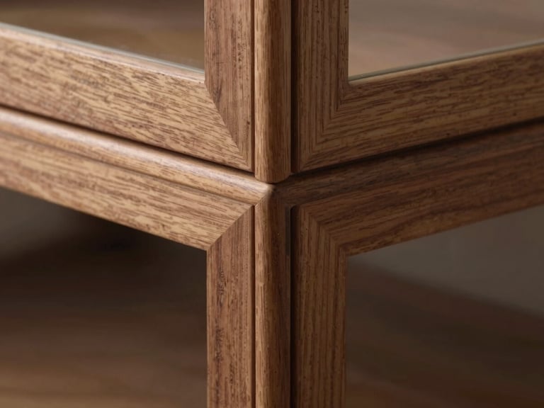 Detail shot of a commercial display cabinet corner joint in walnut, showing finger-joinery precision and flush hardware, close macro framing with soft natural sidelight revealing wood grain, no people